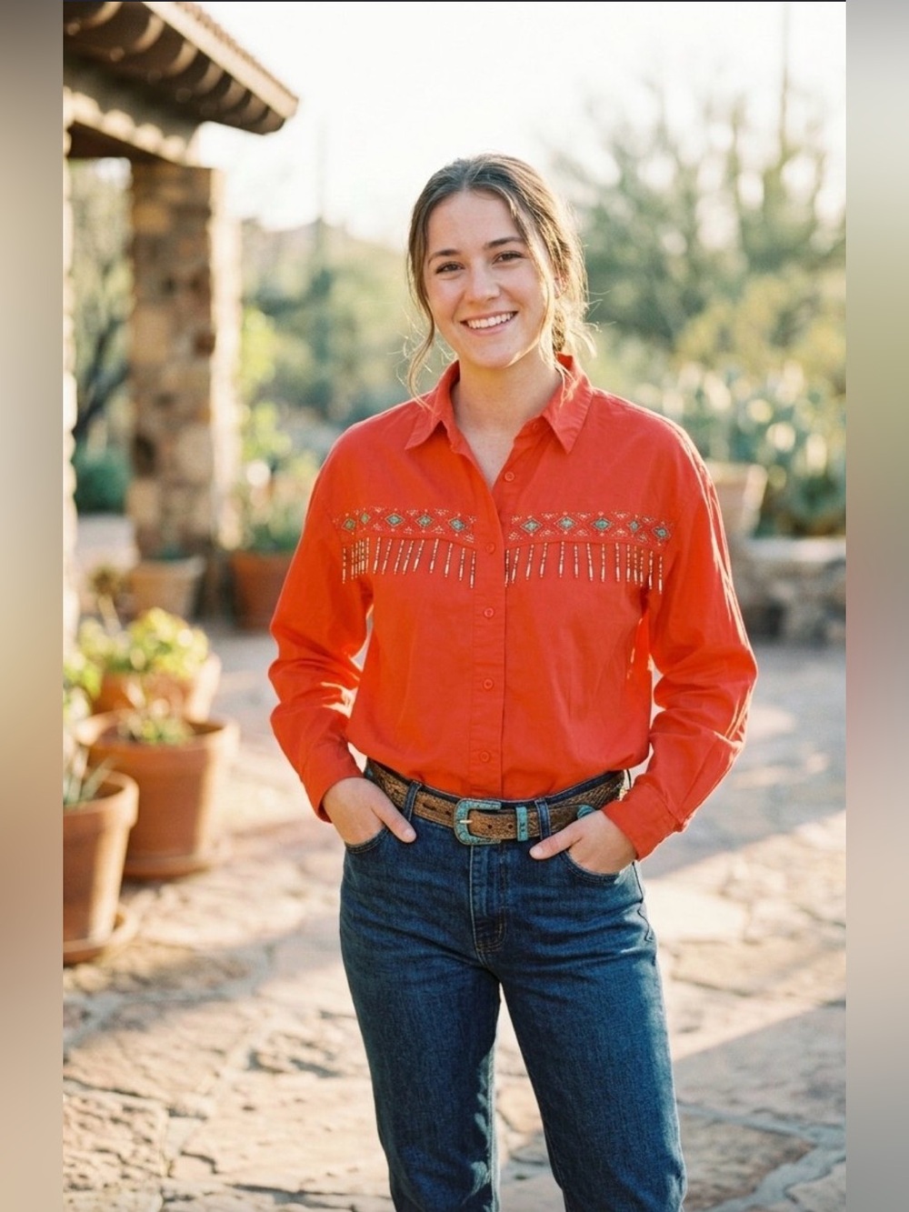 VTG Cowgirl Western Wear Shirt Orange Red Embroidered Beaded Fringe Festival Med